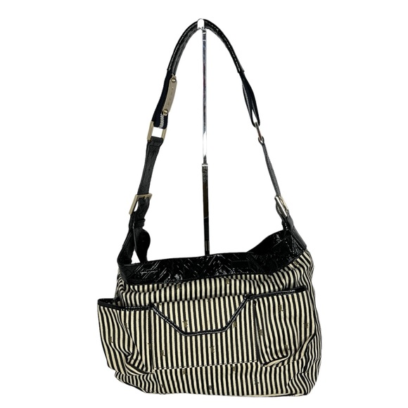 L.A.M.B Reversible White Nylon & Stripes Fabric Patent Leather Strap Hobo Bag - Picture 2 of 16